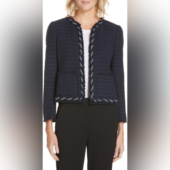 Rebecca Taylor Crochet Tweed Navy Blue Cotton Blend Blazer Jacket EUC Size 2 - Picture 1 of 12